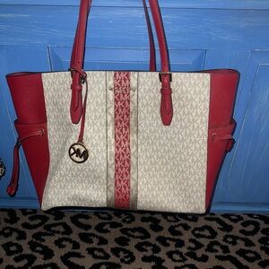 Michael Kors Red and White MK Signature Stripe Tote